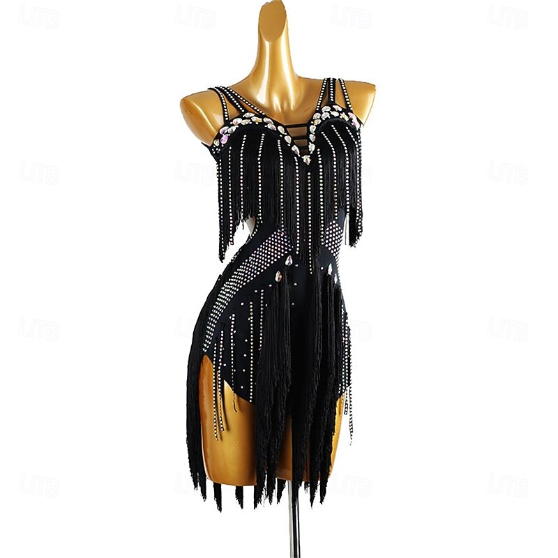 Women's Black Fringe Latin Dance Dress with Rhinestone Detailing, Sleeveless, and Crisscross Straps – Perfect for Salsa, Rumba, and Performance Wear2