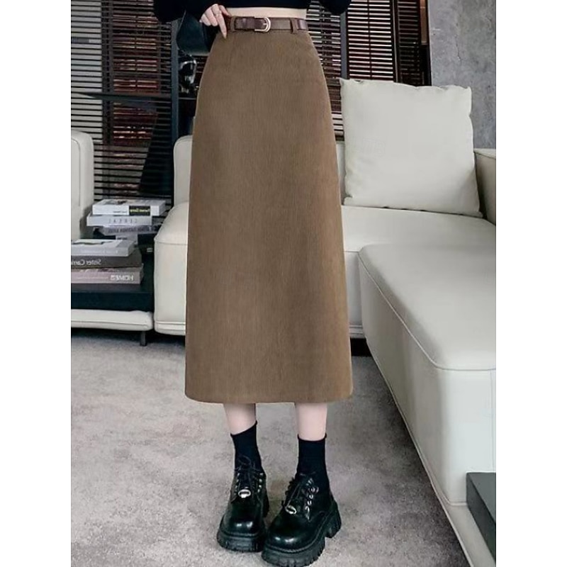 Women's Skirt A Line Fashion Casual Midi High Waist Skirts Plain Micro-elastic Street Daily Black Army Green Khaki Spring Corduroy3