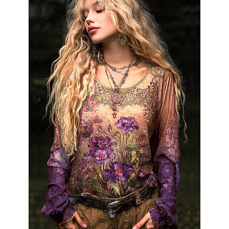 Women's Plus Size T Shirt Floral Graphic Plants Basic Long Sleeve Crew Neck Regular Tops Daily Going out Weekend Print Purple Orange Green Summer Spring Fall3