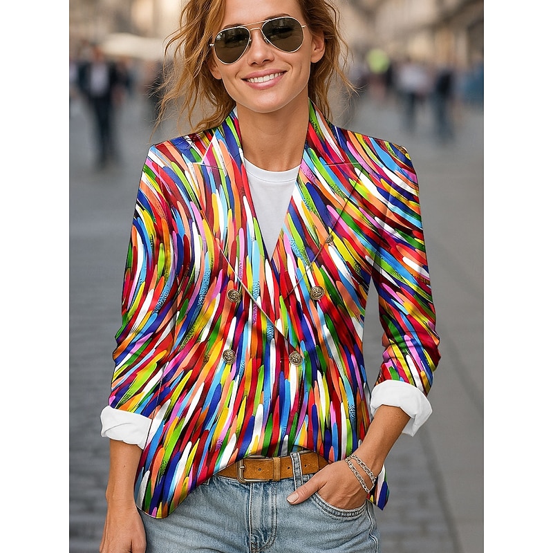 Women's Blazer Comfortable Breathable Buttons Print Fashion Casual Geometric Office Street Casual Daily Wear Double Breasted Short Notch Lapel Regular Fit Long Sleeve Outerwear Black Pink Red Spring4