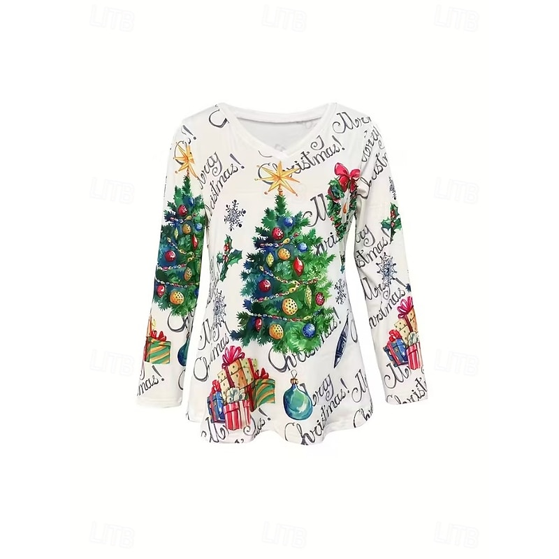 Christmas Women's T Shirt Graphic Christmas Tree Vintage Stylish Casual Long Sleeve V Neck Regular Tops Daily Print White Spring Fall Winter2