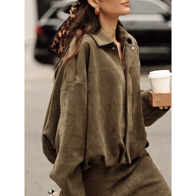 Women's Casual Jacket Comfortable Breathable Zipper Casual Plain Vacation Street Casual Daily Wear Zipper Short Turndown Loose Fit Long Sleeve Outerwear Black Red Brown Spring Fall3