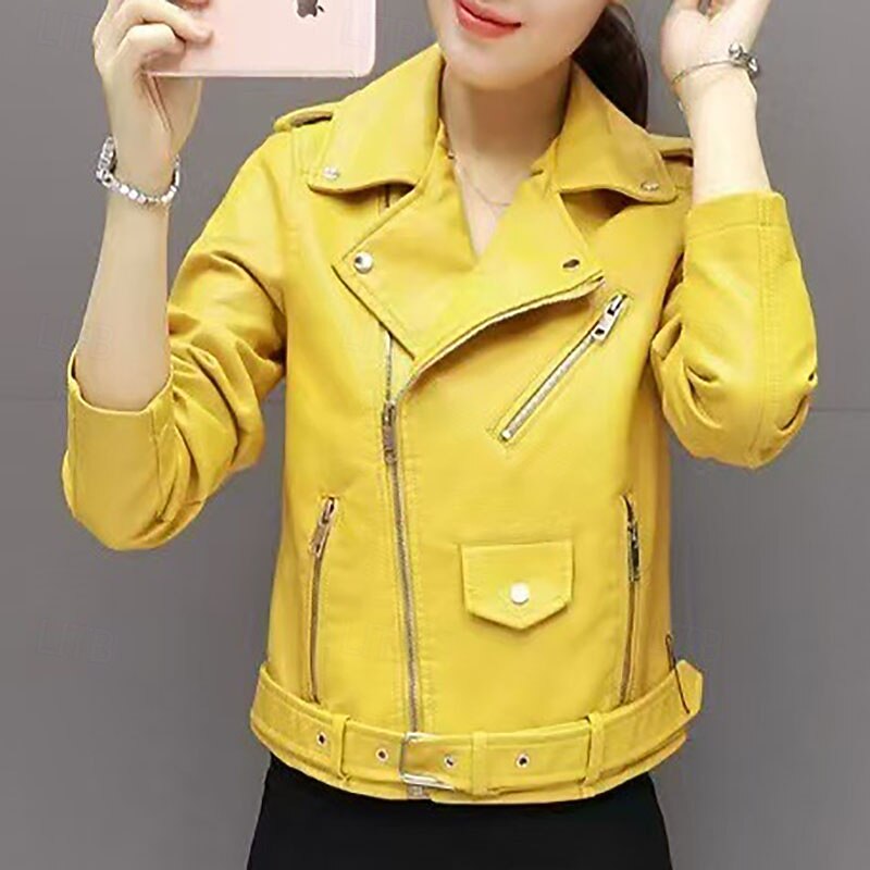 Women's Faux Leather Jacket Warm Comfortable Zipper Pocket Casual Solid Color Vacation Street Casual Daily Wear Short Turndown Regular Fit Long Sleeve Outerwear Black White Yellow Fall Winter4