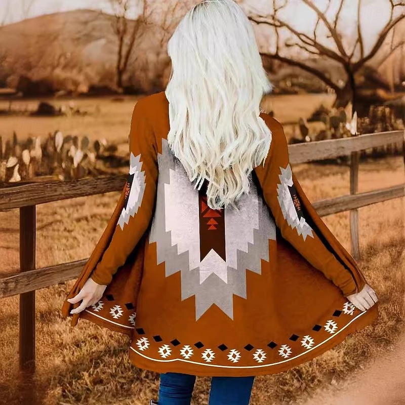 Women's Winter Coat Trench Coat Lightweight Comfortable Print Open Front Vintage Fashion Casual Boho Vintage Geometric Vacation Casual Long Collarless Regular Fit Long Sleeve Outerwear Blue Brown