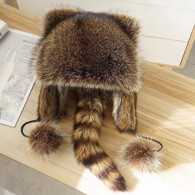 Winter Cute Raccoon Plush Hats Warm Trapper Hat with Ear Flaps, Faux Raccoon Fur Ushanka Aviator Hat for Kids and Adults4