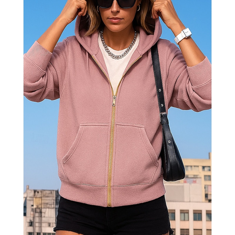Women's Hoodie Jacket Zip Up Sweatshirt with Pockets Long Sleeve Top Athleisure Fall Solid Colored Hiking Outdoor Travel Sportswear Activewear Black White Pink3
