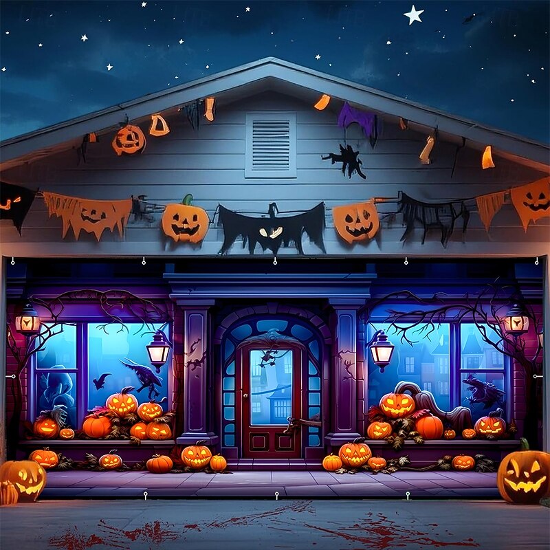 Halloween Tapestry Garage Door Cover Large Hanging Backdrop Pumpkin Shop of Horrors 3D Dark Punk Gothic Style Party Outdoor Shooting Backgrounds Yard Haunted House Home Decor