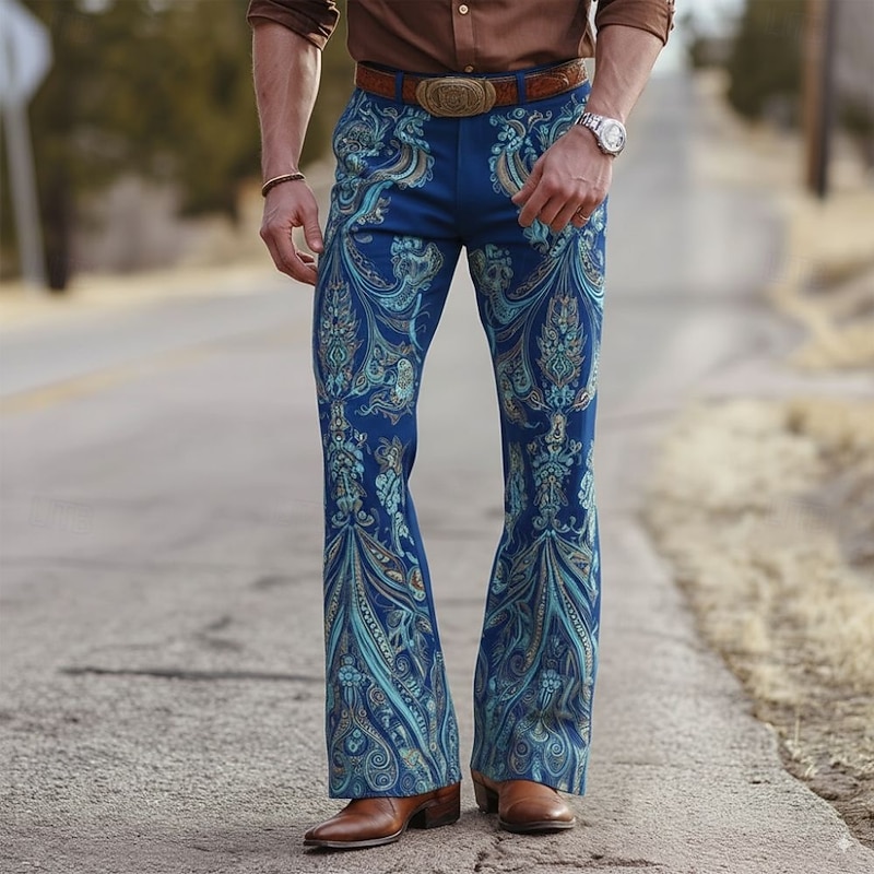 Men's Floral Print Flowers Disco Pants 60s 70s Bell Bottoms Mid Waist Western Vintage Retro Outdoor Vacation Party Side Pockets Flared Leg Pants Trousers Spring Fall 3D Print Blue Purple Beige3