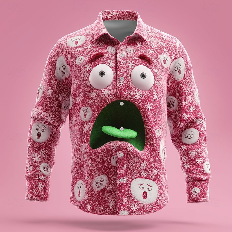 Christmas Men's 3D Cartoon Snowflake Smile Face Shirt Button Up Shirt Long Sleeve Funny Outdoor Holiday Spring Fall Turndown 3D Print Collared Shirts Pink Blue Green Light Blue4