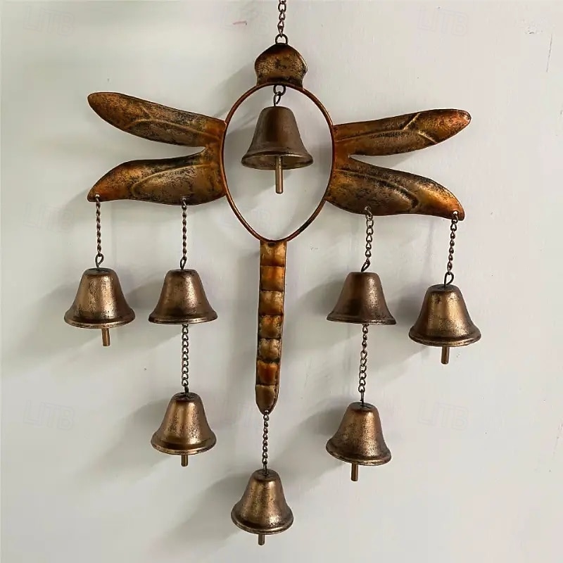 Vintage Dragonfly Wind Chime with Bells Copper-Colored Iron Decorative Hanging Ornament for Patio, Living Room, Coffee Shop, Balcony Vintage Nature-Inspired Design for Garden Lovers3