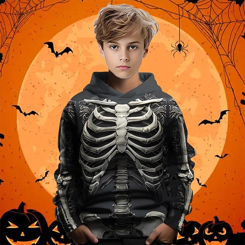 Halloween Boys' 3D Skull Hoodie Long Sleeve Spring Fall Fashion Streetwear Kids 4-12 Years Hooded Outdoor Casual Daily Regular Fit2