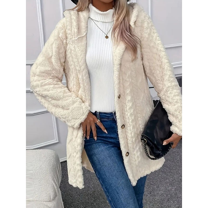 Women's Sherpa Jacket Casual Jacket Comfortable Breathable Pocket Buttons Casual Plain Vacation Street Casual Daily Wear Open Front Regular Hooded Regular Fit Long Sleeve Outerwear Black White Apricot2