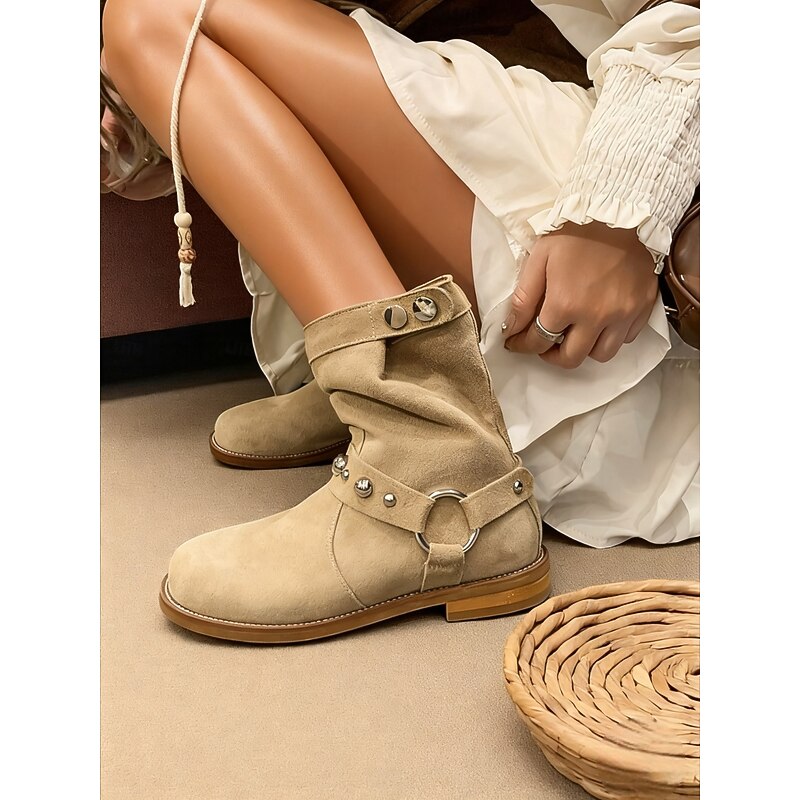 Women's Suede Ankle Boots with Ring Strap and Studded Detail Comfortable Flat Heel Shoes for Casual Outfits2