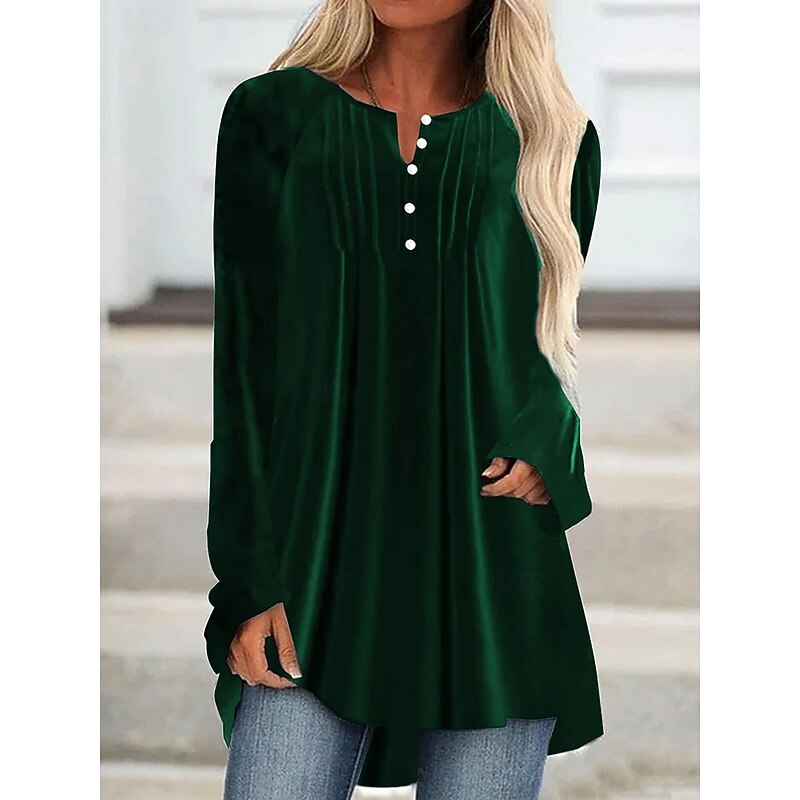 Women's Blouse Solid Color Elegant Stylish Basic Long Sleeve Crew Neck Long Tops Daily Ruched Buttons Wine Blue Green Spring Fall2