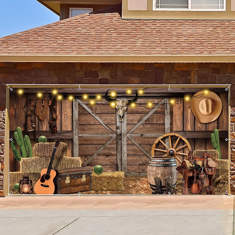 Tapestry Garage Door Cover Large Hanging Backdrop Cowboy Barn Bull Skull Rustic Cottagecore 3D Party Outdoor Shooting Backgrounds Front Door Home Decor