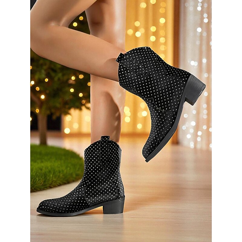 Women's Rhinestone Studded Ankle Boots - Sparkly Western Cowboy Style Short Boots for Nightlife Party and Club Outfits