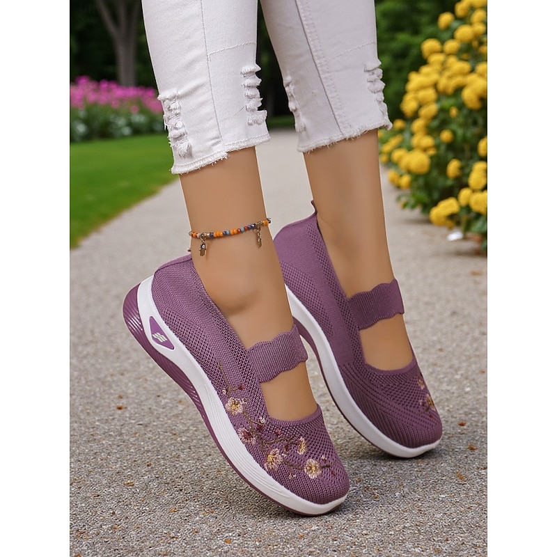 Women's Purple Flyknit Mary Jane Sneakers with Floral Embroidery, Lightweight Breathable Shoes for Walking and Casual Outfits3