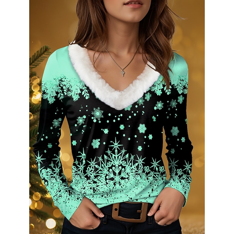Women's T Shirt Graphic Snowflake Vintage Stylish Casual Long Sleeve V Neck Regular Tops Daily Patchwork Print White Pink Blue Green Fall Winter4