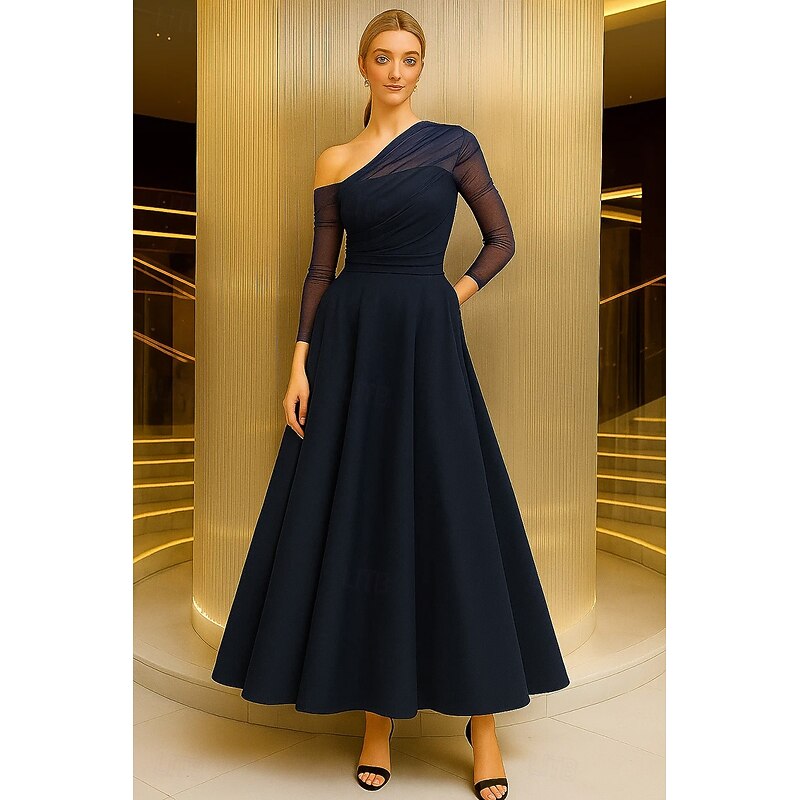 A-Line Evening Gown Elegant Formal Dress Formal Wedding Floor Length Long Sleeve One Shoulder Pocket Satin with Ruched 20254