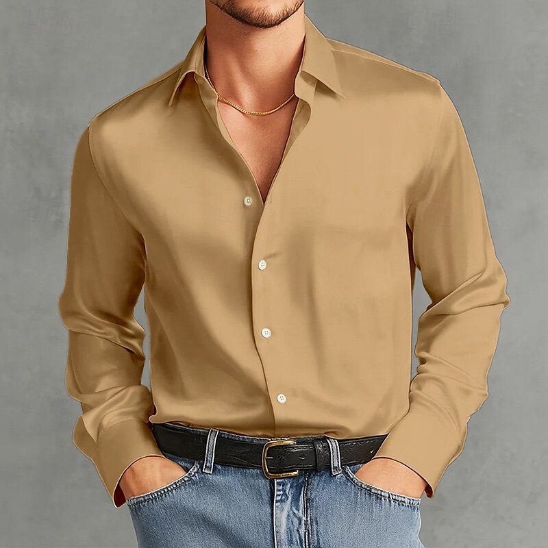 Men's Shirt Satin Shirt Dress Shirt Casual Shirt Button Up Shirt Prom Shirt Plain Formal Wedding Light Blue Black White Wine Long Sleeve Lapel All Seasons Clothing Apparel Pocket3