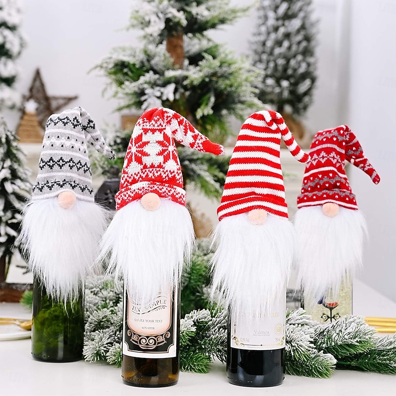 4 Pack Christmas Gnome Wine Bottle Covers, Plaid Burlap Wine Bags, Holiday Red Wine and Champagne Bottle Decorations, Creative Xmas Table Accessories, Reusable Gift Wrapping, Party Supplies