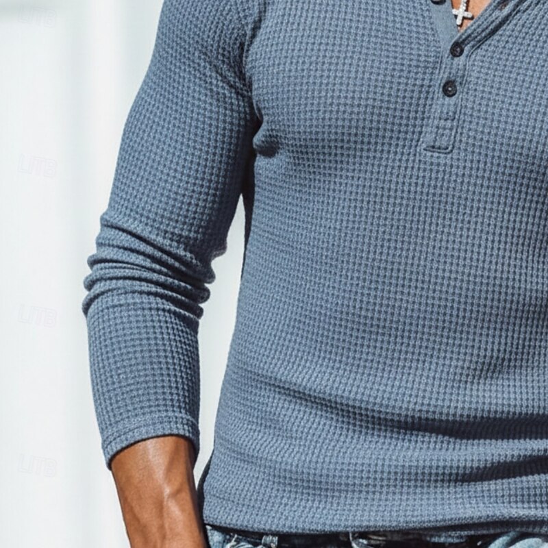 Men's Waffle Henley Shirt Tee Long Sleeve Solid Color Plain Solid Fashion Designer Casual Buttons Henley Outdoor Casual Daily Fall Winter All Seasons Blue Henley T-Shirt3