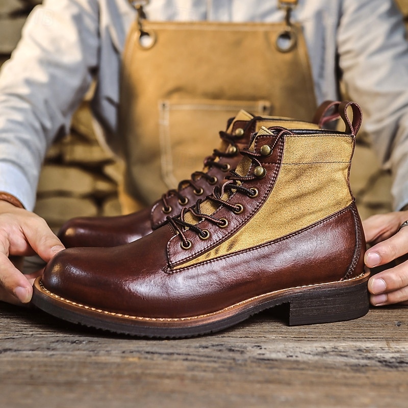Men's Brown and Tan Lace-Up Work Boots with Contrast Panels, Rugged Mid-Calf Design for Gentlemen, Suitable for Outdoor Work, Hiking and Casual Outfits