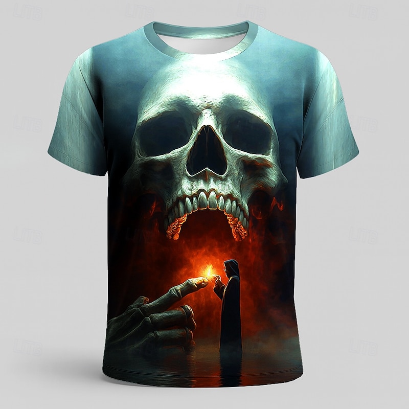 Halloween Men's Skull Optical Illusion 3D T Shirt Short Sleeve T shirt 3D Print Crew Neck Shirt Exaggerated Designer Horror Party Street Holiday Black Summer Spring All Seasons Clothing Apparel S M L