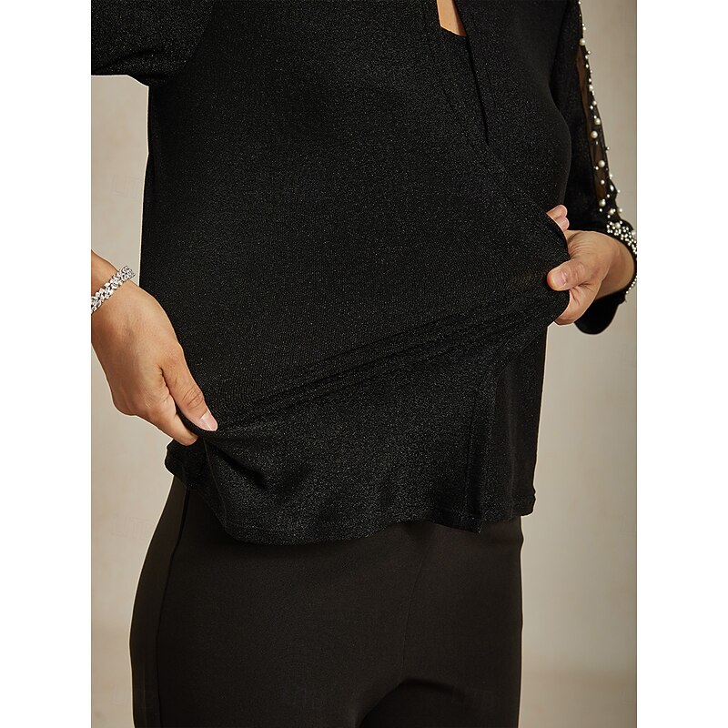Women's Dressy Tops Evening Tops Elegant Party Beaded Glitter Rhinestone 3/4 Length Sleeve Crew Neck Wedding Guest Work Party Evening Wear Glitter Beaded Rhinestone Black Spring, Fall, Winter, Summer4