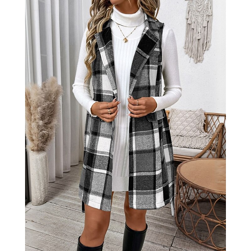 Women's Vest Comfortable Pocket Classic Casual Plaid Vacation Street Casual Going out Long Turndown Regular Fit Sleeveless Outerwear Light Grey Fall Winter4