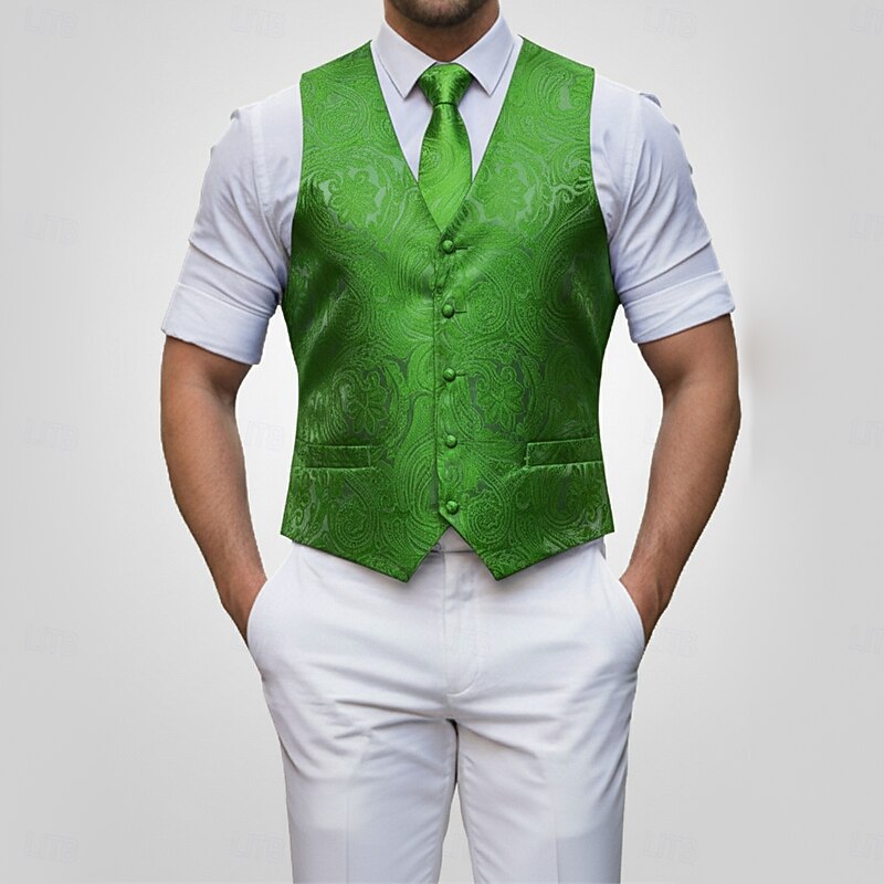 Men's Waistcoat Vest V Neck Party Paisley Burgundy Blue Green Tailored Fit
