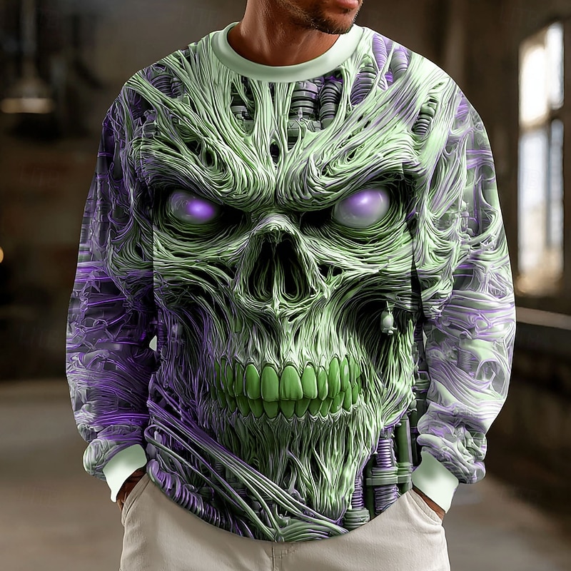 Halloween Men's Skull 3D Reaper Sweatshirt Punk Party Crew Neck Vacation Blue Sky Blue Crewneck 3D All Seasons Designer3