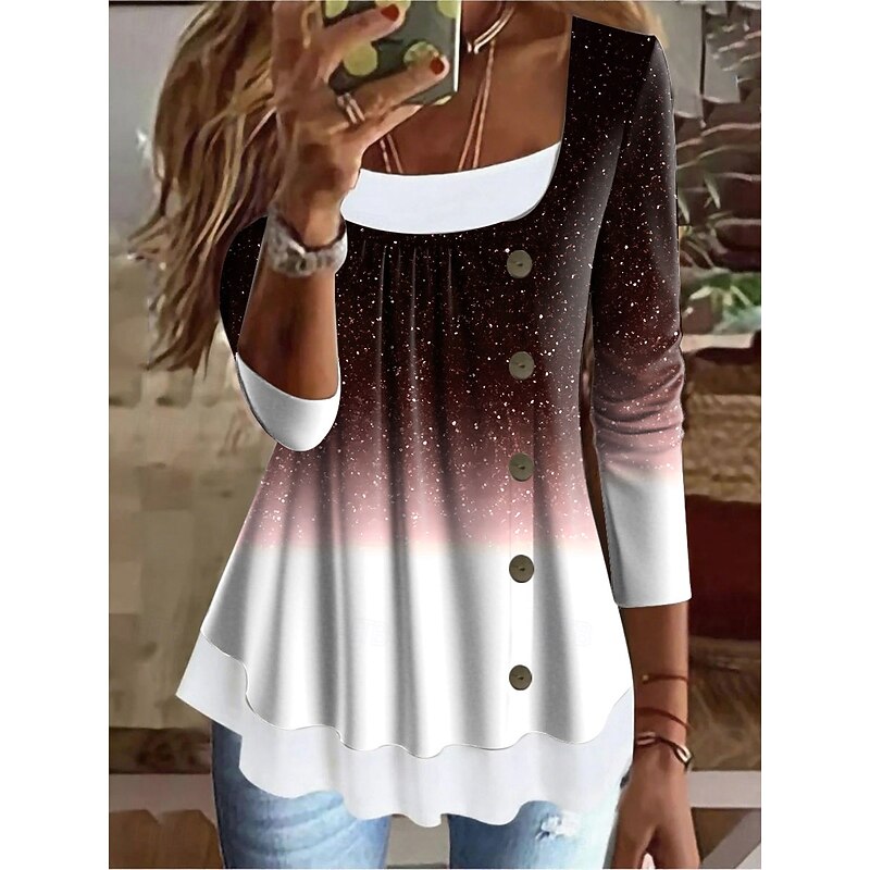 Women's T Shirt Ombre Graphic Vintage Stylish Classic Long Sleeve Square Neck Long Tops Daily Weekend Patchwork Buttons Print Red Blue Purple Green Spring Fall Winter4