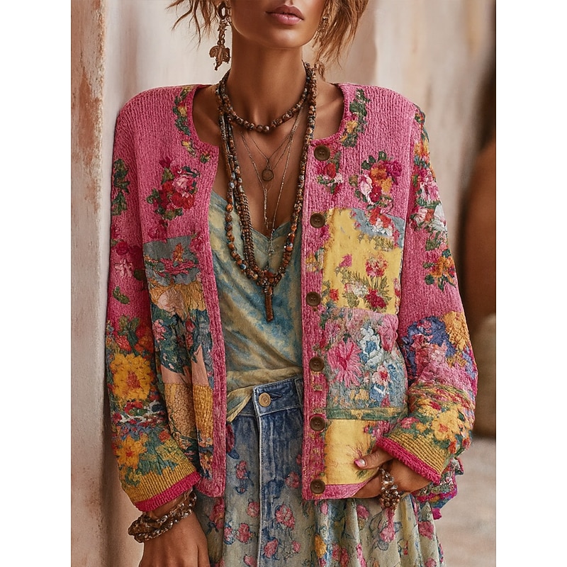 Women's Cardigan Daily Floral Ribbed Crew Neck Buttons Print Long Sleeve Regular Tops Knit Outdoor Weekend Black Yellow Spring Fall2