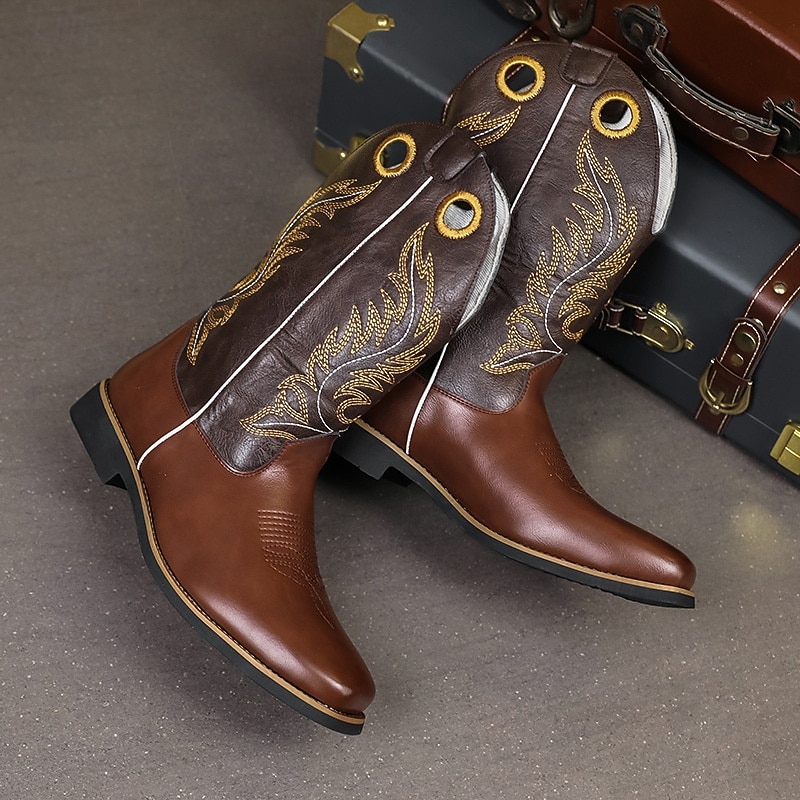 Men's Embroidered Faux Leather Cowboy Boots – Classic Western Riding Boots with Stitched Design for Outdoor, Country Dance and Casual Wear3