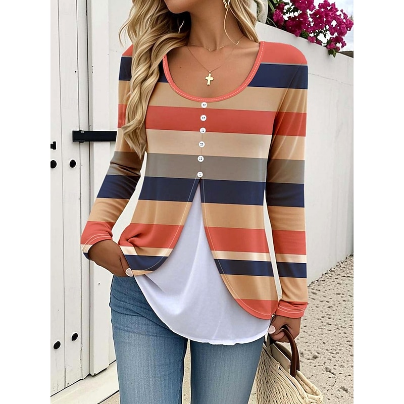 Women's T Shirt Graphic Plaid Striped Elegant Vintage Stylish Long Sleeve Crew Neck Round Neck Regular Tops Daily Buttons Print Tiered Orange Spring Fall Winter