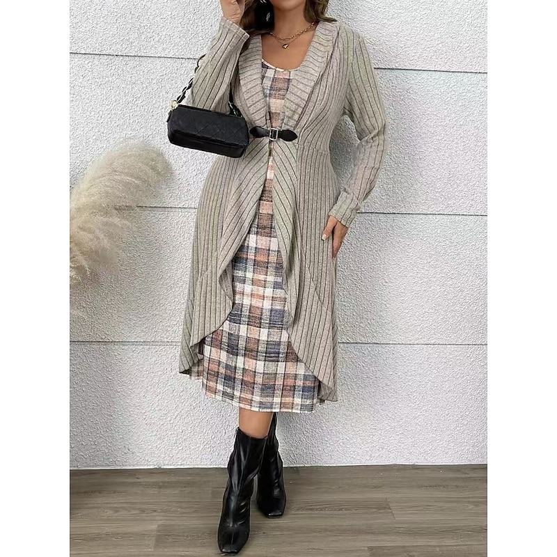 Women's Sweater Sweater Dress Sweater Set Elegant Fashion Streetwear Plaid Ribbed V Neck Patchwork Print Long Sleeve Long Tops Knit Outdoor Daily Weekend Khaki Fall Winter4
