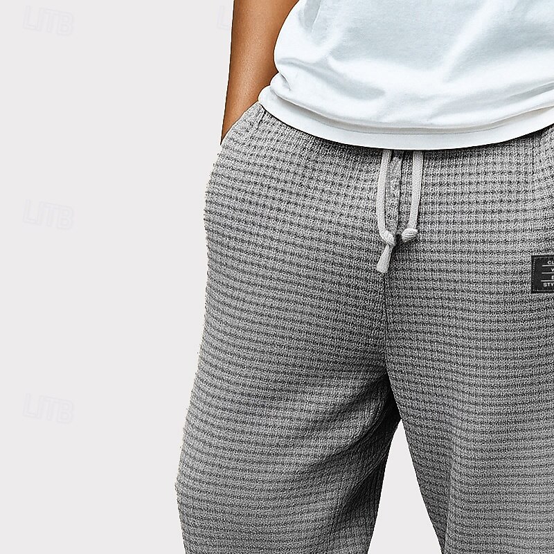Men's Waffle Sweatpants Trousers Baggy Pants Casual Pants Drawstring Straight Leg Solid Color Comfort Full Length Outdoor Casual Daily Fashion Retro Vintage Black White Stretchy3