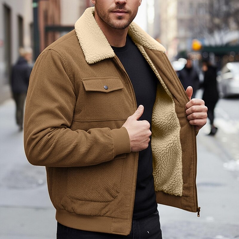 Men's Corduroy Jacket Fleece Jacket Formal Home Thermal Warm Pocket Fleece Collar Fall Winter Solid Color Active Neutral Short Black Brown Gray Jacket