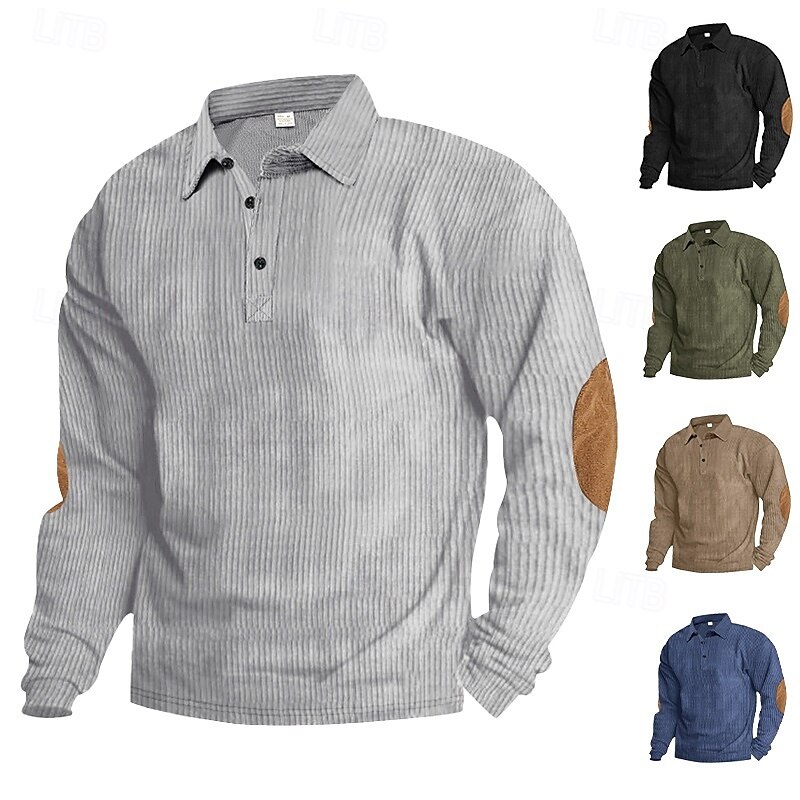 Men's Sweatshirt Corduroy Pullover Hoodie Sweatshirt Pullover Button Up Hoodie Black Army Green Navy Blue Khaki Gray Lapel Plain Patchwork Sports & Outdoor Casual Daily Polyester Streetwear Cool - Main Image