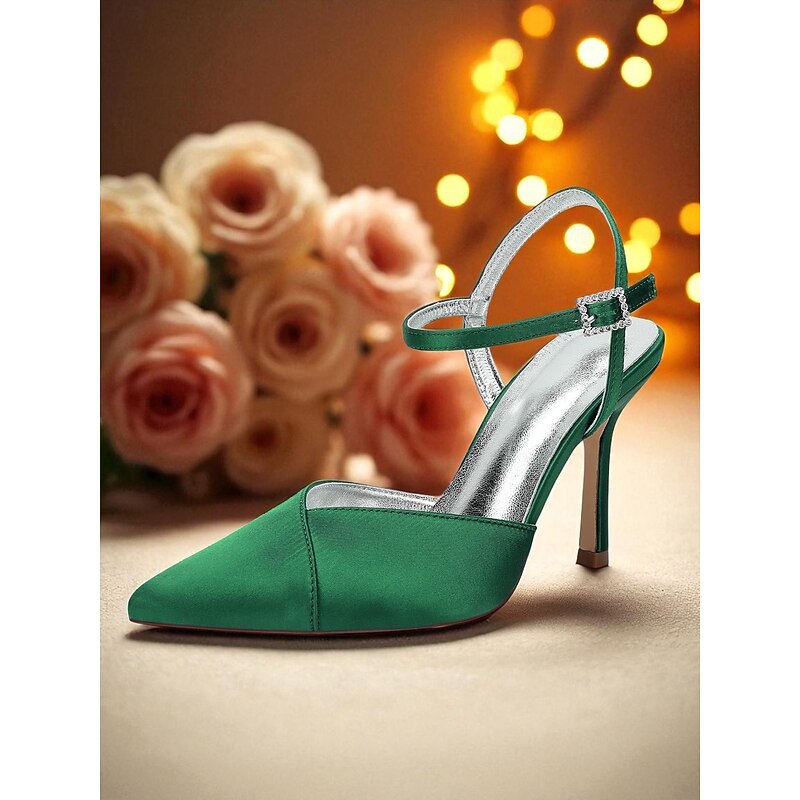 Women's Green Satin Stiletto Heels with Ankle Strap - Elegant Pointed Toe Pumps for Formal Events and Nightlife Parties4
