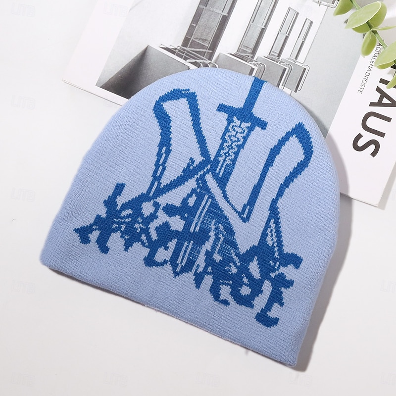 Men's Unisex Beanie Hat Winter Hats Beanies Knit Hat Winter Beanie Light Blue Black Acrylic Fibers Jacquard Knitted Cozy Halloween Daily Wear Festival Patterned Warm3