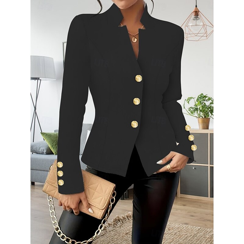 Women's Blazer Comfortable Breathable Pocket Buttons Casual Sophisticated Plain Formal Vacation Street Casual Single Breasted Short Stand Collar Regular Fit Long Sleeve Outerwear Black White Red4