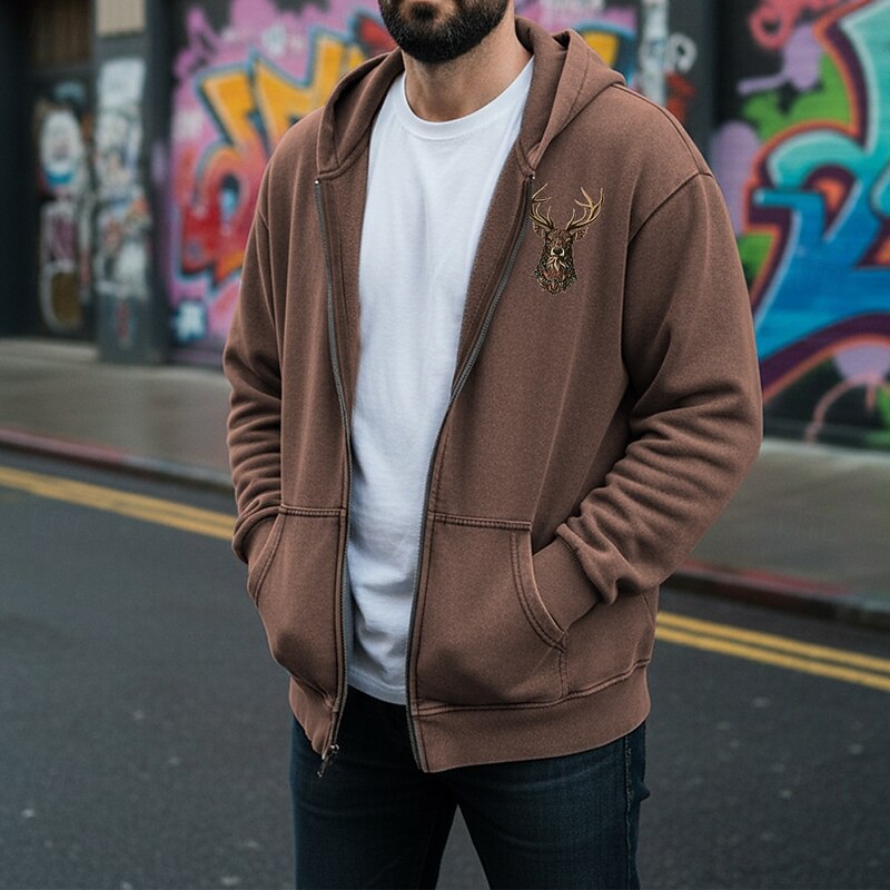 Men's Pullover Hoodie Sweatshirt Distressed Hoodie Apricot Black Pink Coffee Gray Hooded Reindeer Pocket Daily Going out Streetwear 100% Cotton Vintage Retro Casual Fall & Winter Clothing Apparel2