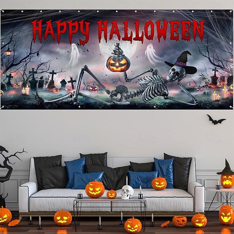 Halloween Garage Door Cover Large Hanging Backdrop Skeleton Cemetery 3D Dark Punk Gothic Style Party Outdoor Shooting Backgrounds Yard Haunted House Home Decor3