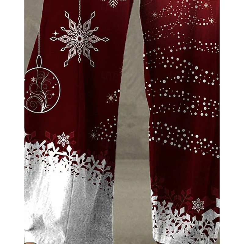 Women's Wide Leg Pants Trousers Vacation Ethnic Style Basic Full Length High WaistPantsUgly Christmas Graphic Snowflake Pocket Elastic Waistband Print Comfy Breathability Inelastic Vacation Casual3