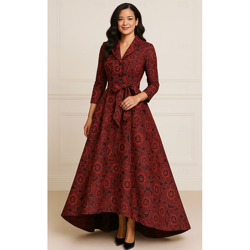 Red A-Line Evening Gown Elegant Formal Dress Formal Wedding Asymmetrical Short Sleeve Shirt Collar Pocket Nylon with Floral Print 2025