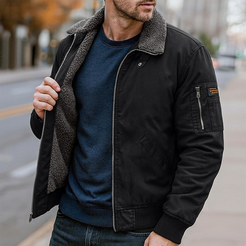 Men Outdoor Jacket Bomber Jacket Padded Sherpa Training Outdoor Thermal Warm Windbreaker Fleece Collar Winter Solid Color Casual Collar Regular Black Khaki Army Green Jacket3