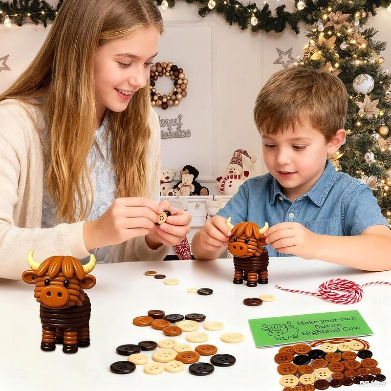 DIY Button Highland Cow Craft Kit, Funny Animals Three-Dimensional Christmas Ornament Kits, Beginner-Friendly Button Ornament Decor, Seasonal Decor Holiday Party Supplies4