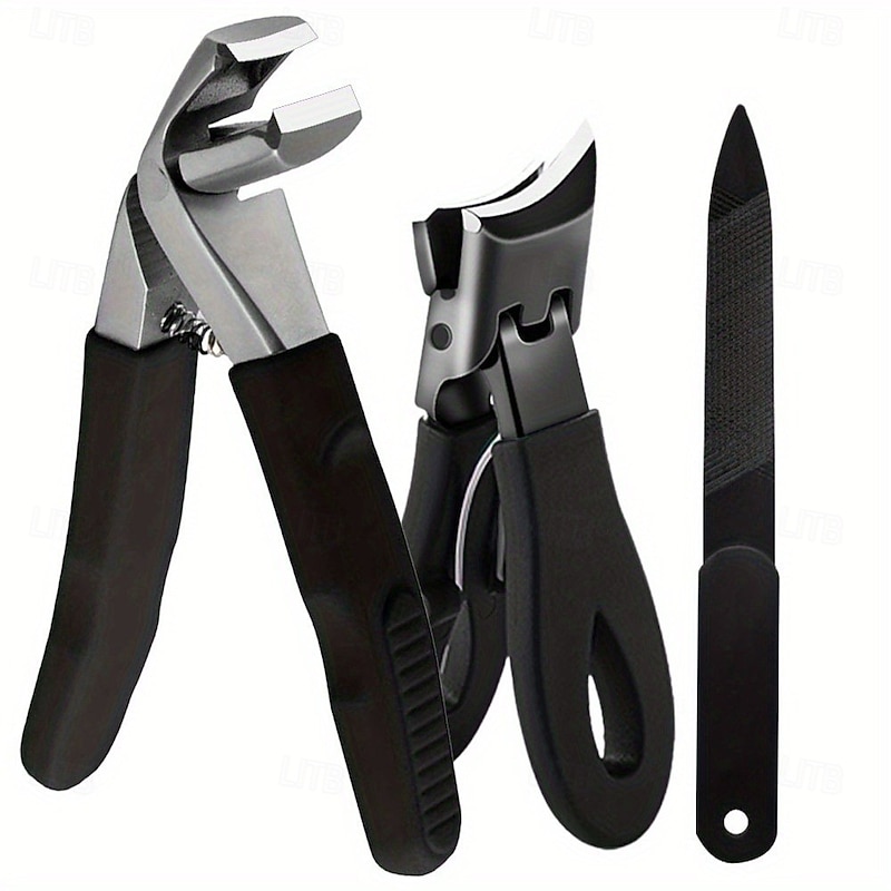 3PCS Stainless Steel Nail Clippers Set, Large Curved Fingernail & Toenail Clippers with Non-Slip Rubber Handle, Cuticle Pusher & Pedicure Tools for Nail Care